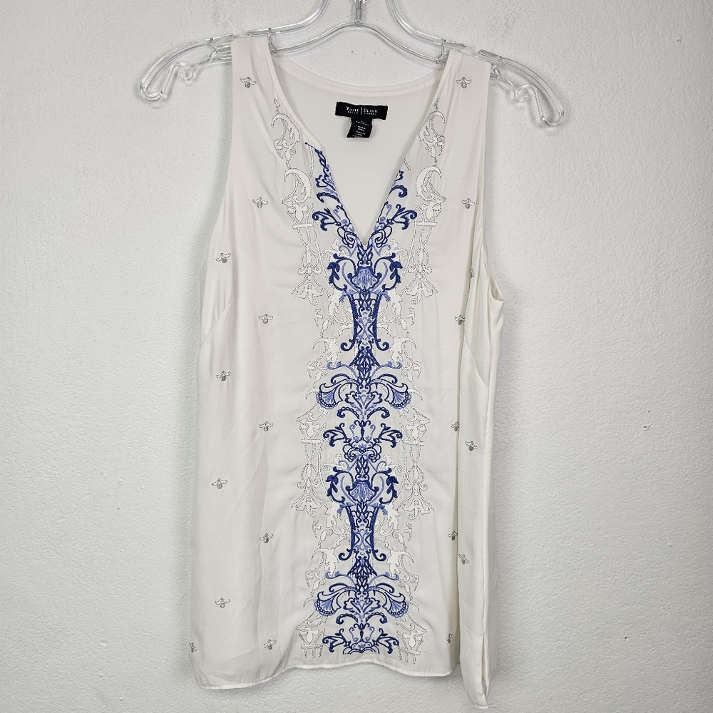 White House Black Market Blouse Chiffon Embroidered Tunic Sz XS Fairycore